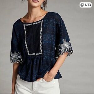 Elegant Navy Blouse with White Embroidery